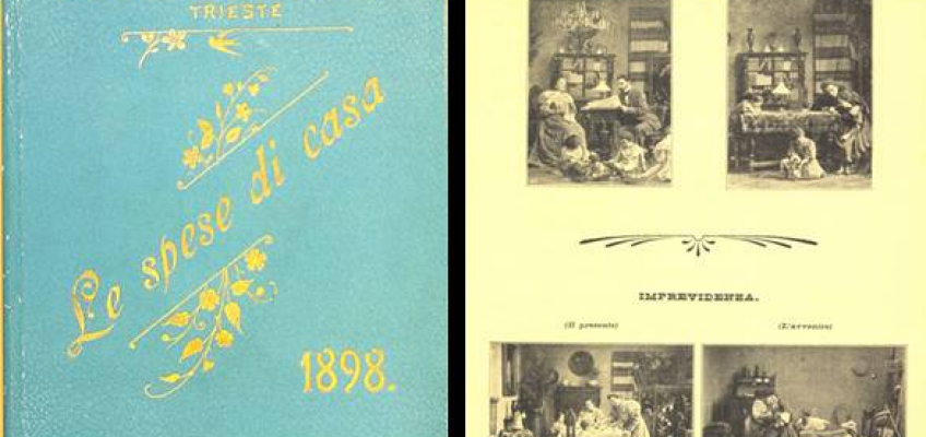 'Le spese di casa' (house expenses) by Assicurazioni Generali: cover and inside page (1898)