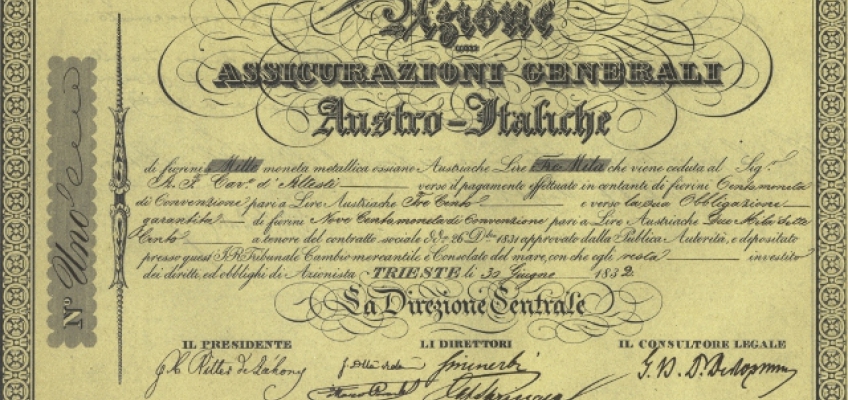 Viglietto: Assicurazioni Generali's initial capital was 2 million Florins, divided into 2,000 'viglietti' of 1,000 Florins each